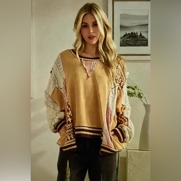 Oli & Hali Sweaters - Oli & Hali Mixed Media Oversized Patchwork Cable-Knit Sweater - Mustard